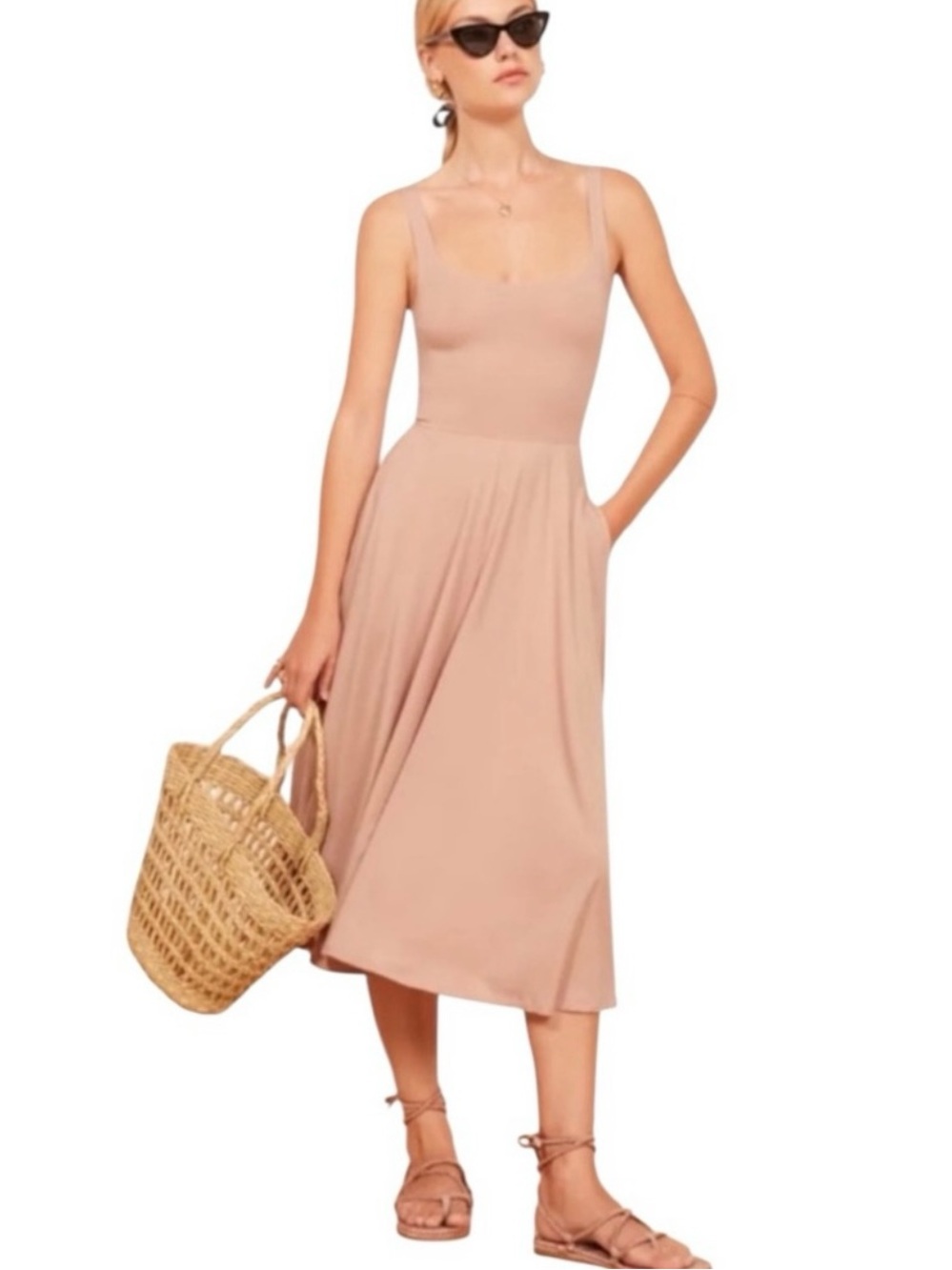Reformation Sleeveless Square Neck Midi Dress in Blush Minimalist Girly Career